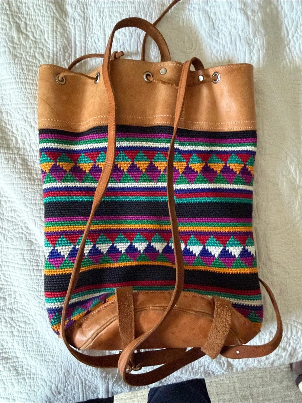 Vintage Boho Crochet Bucket Bag with Tan Leather Trim